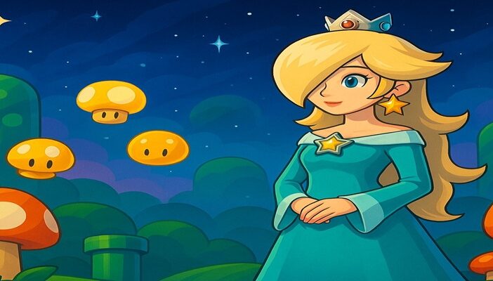 Beautiful cosmic landscape with glowing stars, a floating observatory, and a graceful figure silhouetted against a galaxy sky, evoking Rosalina’s world.