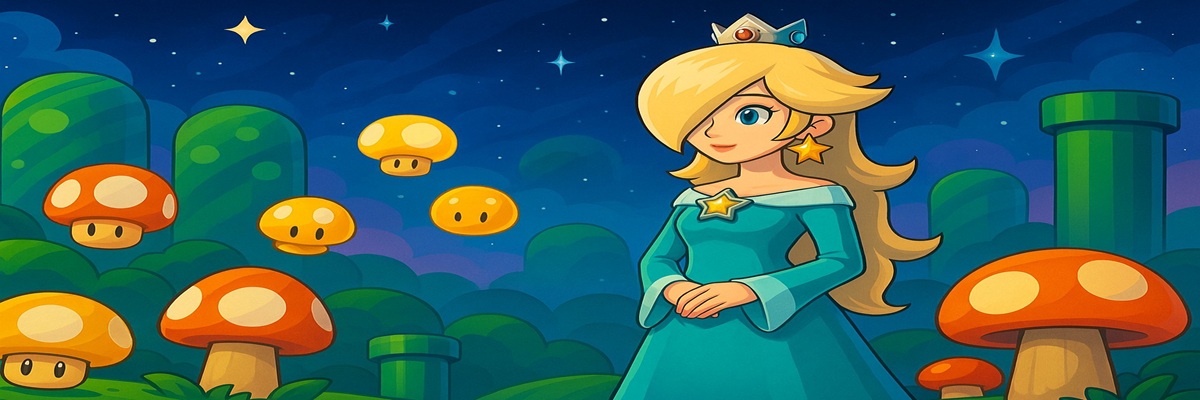 Beautiful cosmic landscape with glowing stars, a floating observatory, and a graceful figure silhouetted against a galaxy sky, evoking Rosalina’s world.