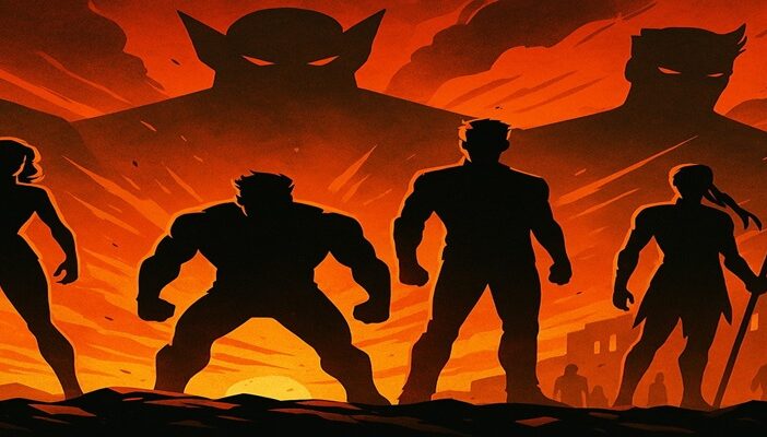 Stylized illustration of mutants silhouetted against a fiery sky with looming shadows, symbolizing conflict and sacrifice in a dark superhero story.
