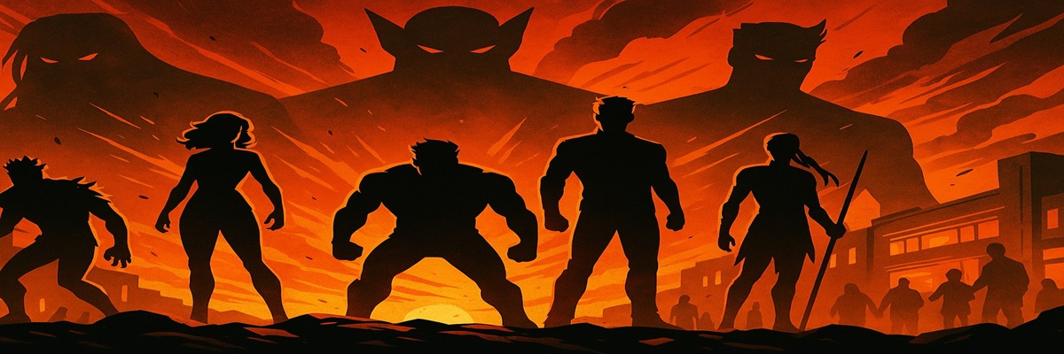 Stylized illustration of mutants silhouetted against a fiery sky with looming shadows, symbolizing conflict and sacrifice in a dark superhero story.