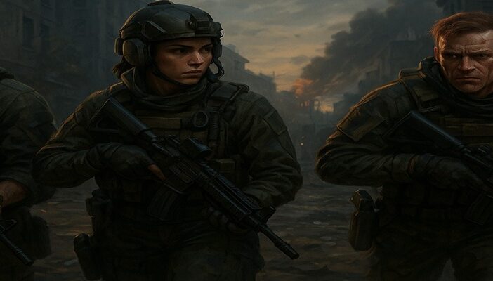 Illustration of Battlefield 6 characters in a tense urban standoff, highlighting key operators mid-mission