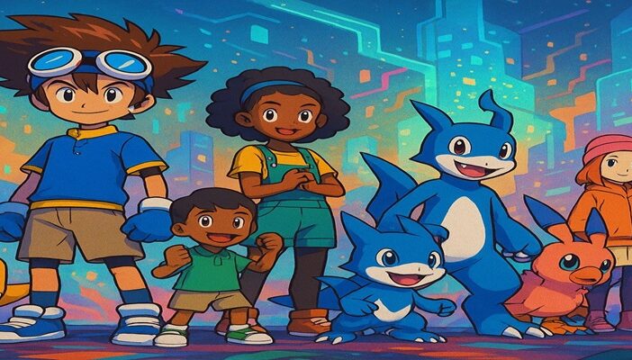 Group of diverse Digimon characters and their human trainers in an adventurous digital world setting