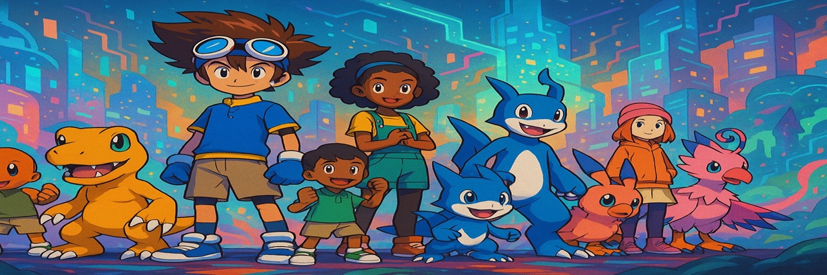 Group of diverse Digimon characters and their human trainers in an adventurous digital world setting
