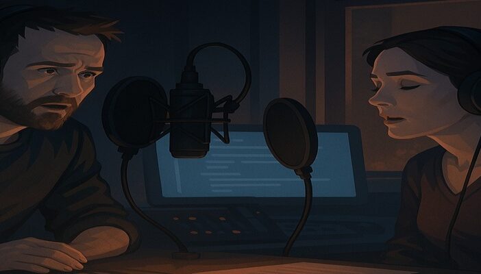 A cinematic digital illustration showing two characters in a dimly lit control room, microphones and monitors glowing as they record voice lines for a dramatic thriller game.
