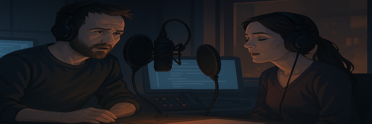 A cinematic digital illustration showing two characters in a dimly lit control room, microphones and monitors glowing as they record voice lines for a dramatic thriller game.