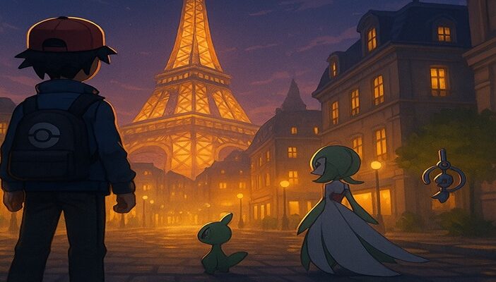 A cinematic illustration of a Pokémon trainer standing in Lumiose City at dusk, surrounded by glowing lights and Pokémon, symbolizing adventure and storytelling in the Kalos region.