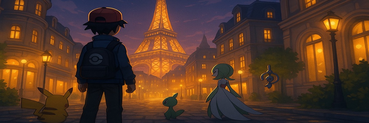 A cinematic illustration of a Pokémon trainer standing in Lumiose City at dusk, surrounded by glowing lights and Pokémon, symbolizing adventure and storytelling in the Kalos region.