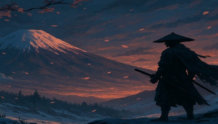 Cinematic illustration of a lone warrior standing on a snowy mountain path at dusk, with Mount Yōtei in the background and lantern light glowing softly through the mist.