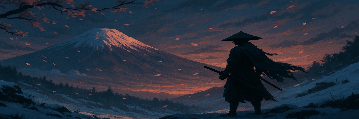 Cinematic illustration of a lone warrior standing on a snowy mountain path at dusk, with Mount Yōtei in the background and lantern light glowing softly through the mist.