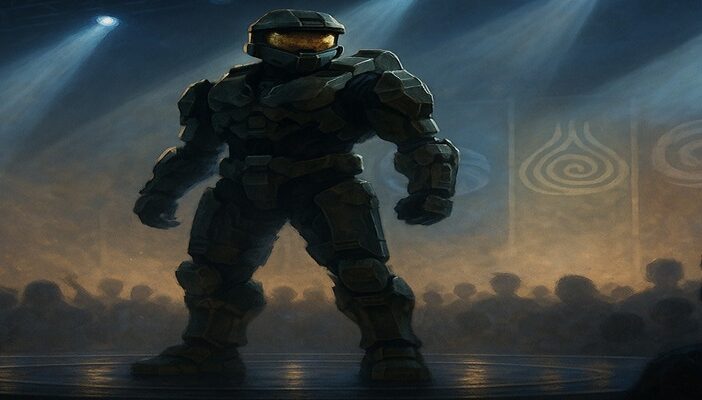 Illustration of Master Chief standing on a futuristic stage with dramatic lighting, hinting at an upcoming announcement.