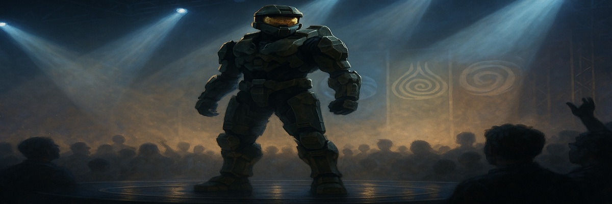 Illustration of Master Chief standing on a futuristic stage with dramatic lighting, hinting at an upcoming announcement.