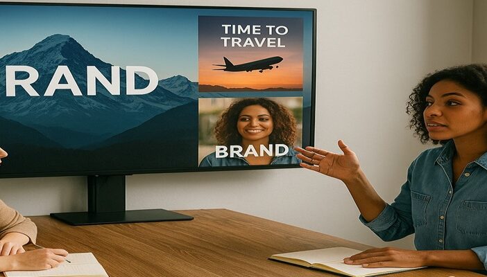 A creative branding team in a modern workspace reviewing a voice campaign on a large screen while a microphone setup sits nearby, symbolizing collaboration between human voices and AI innovation.