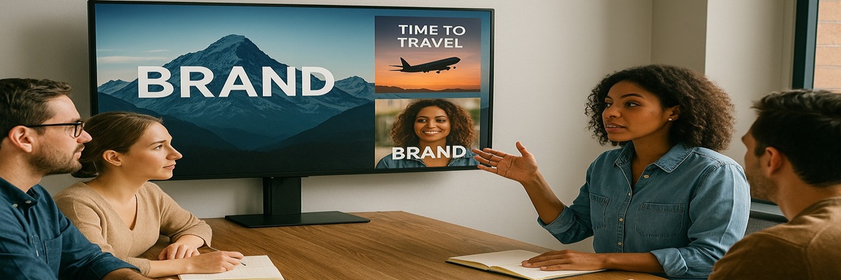 A creative branding team in a modern workspace reviewing a voice campaign on a large screen while a microphone setup sits nearby, symbolizing collaboration between human voices and AI innovation.