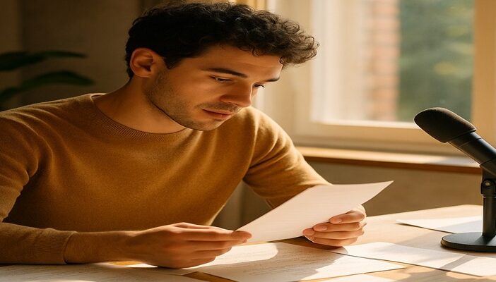 A confident voice actor reviewing scripts and recording notes in a modern workspace with natural light, symbolizing creativity and professionalism.