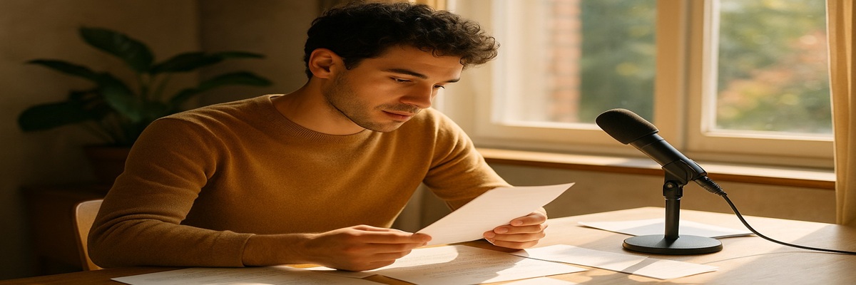 A confident voice actor reviewing scripts and recording notes in a modern workspace with natural light, symbolizing creativity and professionalism.