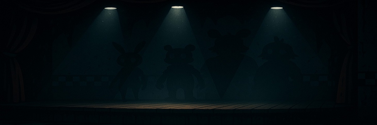 Cinematic illustration of a dimly lit pizzeria stage with shadowy animatronic figures in the background, hinting at new characters and a chilling sequel atmosphere.