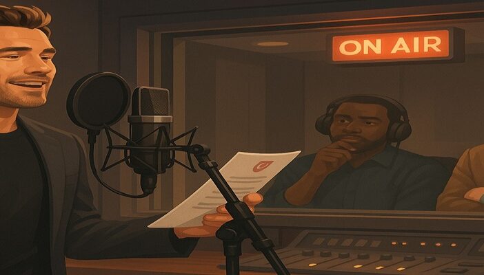 An illustration showing a recording studio with a celebrity in front of a microphone while a director watches through glass, symbolizing commercial voiceover work.