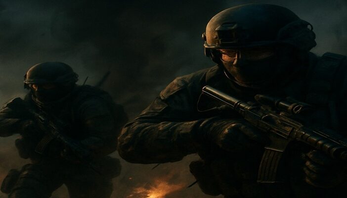 A tense military action scene with special forces operatives moving through a dark battlefield under spotlights, inspired by Black Ops 7’s tone and setting.