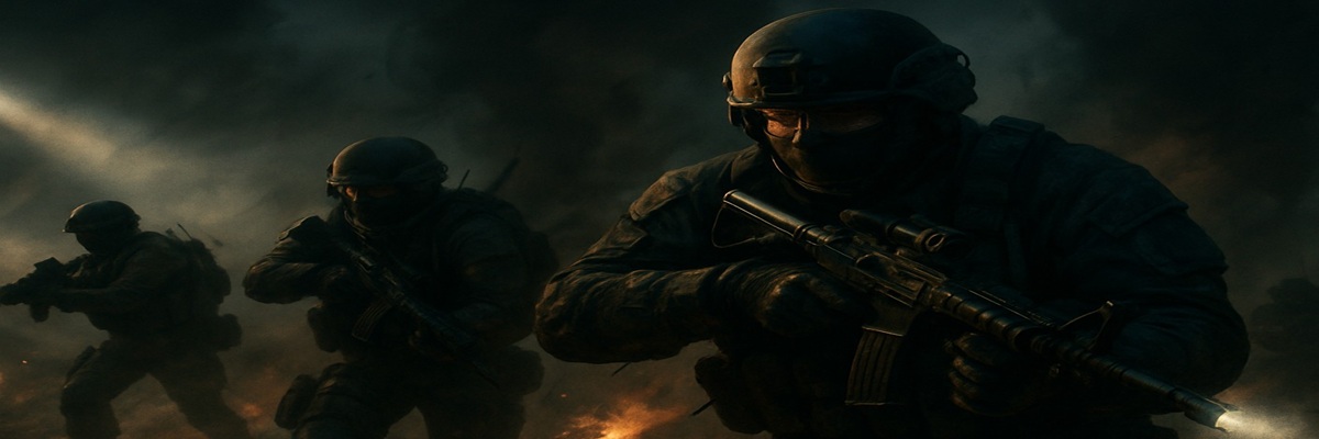 A tense military action scene with special forces operatives moving through a dark battlefield under spotlights, inspired by Black Ops 7’s tone and setting.