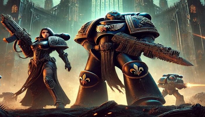 A cinematic scene inspired by Boltgun II showing a Space Marine and a Battle Sister in a dark Warhammer style battlefield with dramatic lighting.