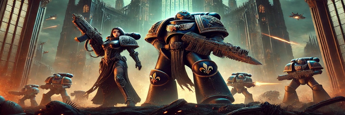 A cinematic scene inspired by Boltgun II showing a Space Marine and a Battle Sister in a dark Warhammer style battlefield with dramatic lighting.