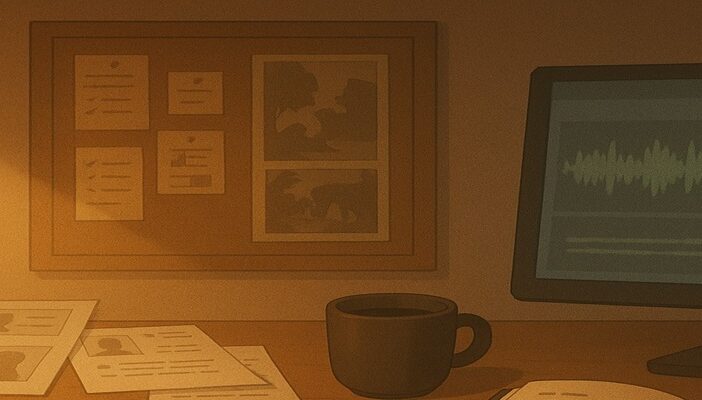 Workspace with headphones, notes, and audio editing software open on a screen, representing the process of building a commercial voiceover demo.