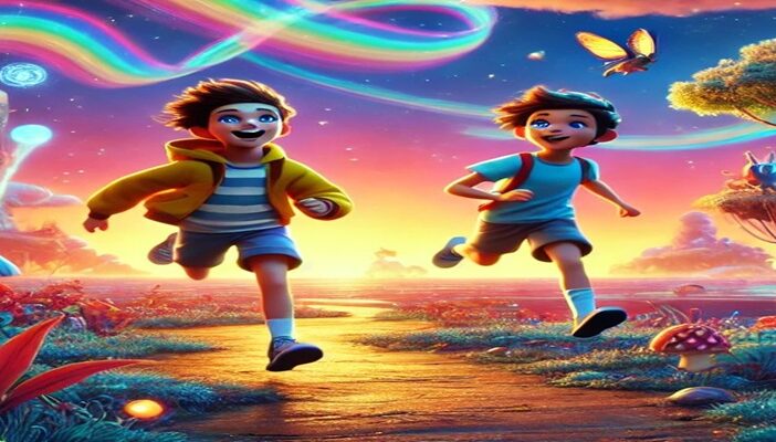 An animated dream-world scene showing two siblings traveling across surreal floating landscapes with colorful creatures and glowing skies.