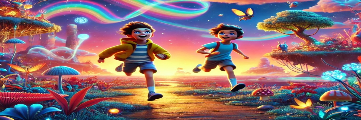 An animated dream-world scene showing two siblings traveling across surreal floating landscapes with colorful creatures and glowing skies.