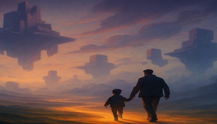 Mads Mikkelsen depicted in a stylized animated fantasy setting with surreal dreamlike landscapes inspired by the film Dreamworld.