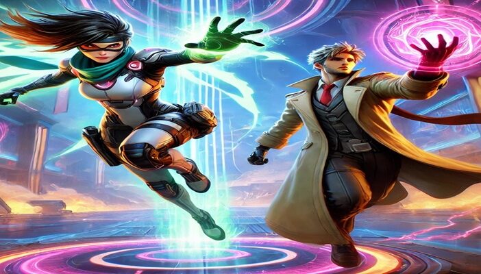 A dynamic scene inspired by Marvel Rivals featuring Rogue and Gambit standing together on a futuristic battlefield with glowing energy effects and action-ready poses.