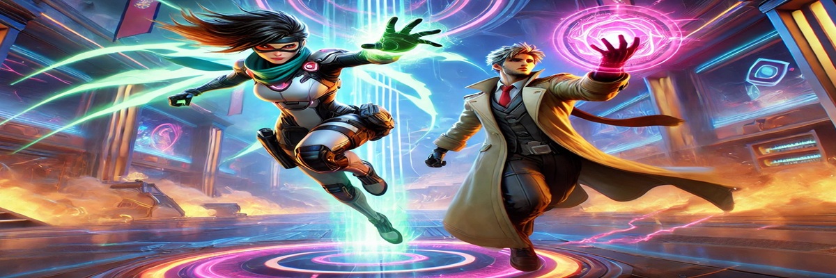 A dynamic scene inspired by Marvel Rivals featuring Rogue and Gambit standing together on a futuristic battlefield with glowing energy effects and action-ready poses.