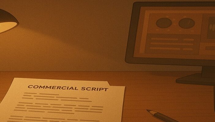 A focused workstation with a script, casting notes, and a softly lit computer screen showing an audition setup, representing commercial voiceover preparation.