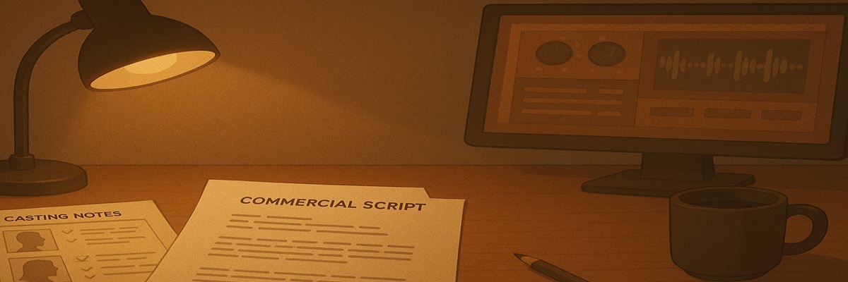 A focused workstation with a script, casting notes, and a softly lit computer screen showing an audition setup, representing commercial voiceover preparation.