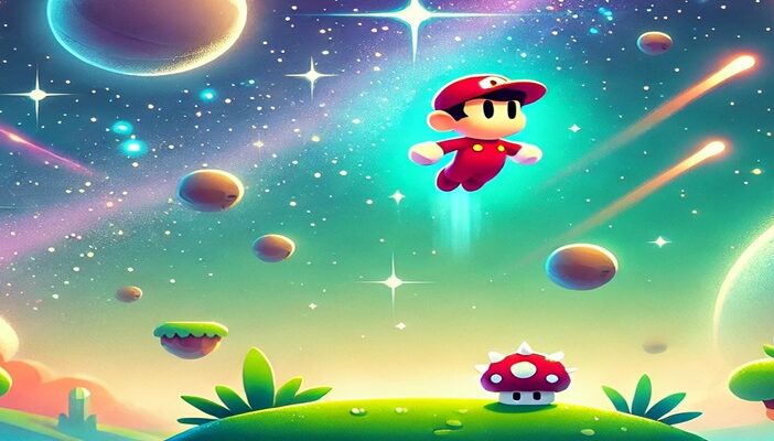 A cosmic scene inspired by Super Mario Galaxy showing Mario drifting between glowing planetoids and starry skies with a hint of Bowser Jr. in the distance.