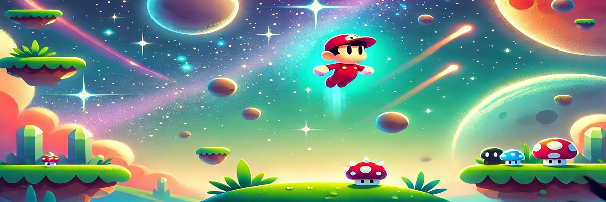 A cosmic scene inspired by Super Mario Galaxy showing Mario drifting between glowing planetoids and starry skies with a hint of Bowser Jr. in the distance.
