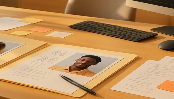 Modern creative office setting with soft lighting and casting notes on a desk, representing the agency side of the voiceover industry.