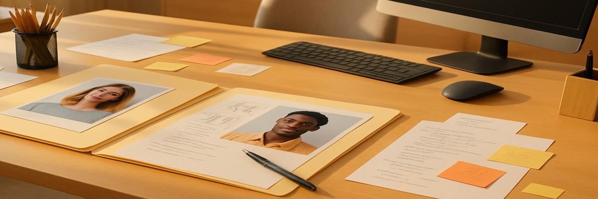 Modern creative office setting with soft lighting and casting notes on a desk, representing the agency side of the voiceover industry.