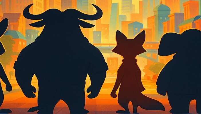 Illustration-style lineup of animal silhouettes in a cityscape inspired by Zootopia, highlighting returning and new characters for the sequel.