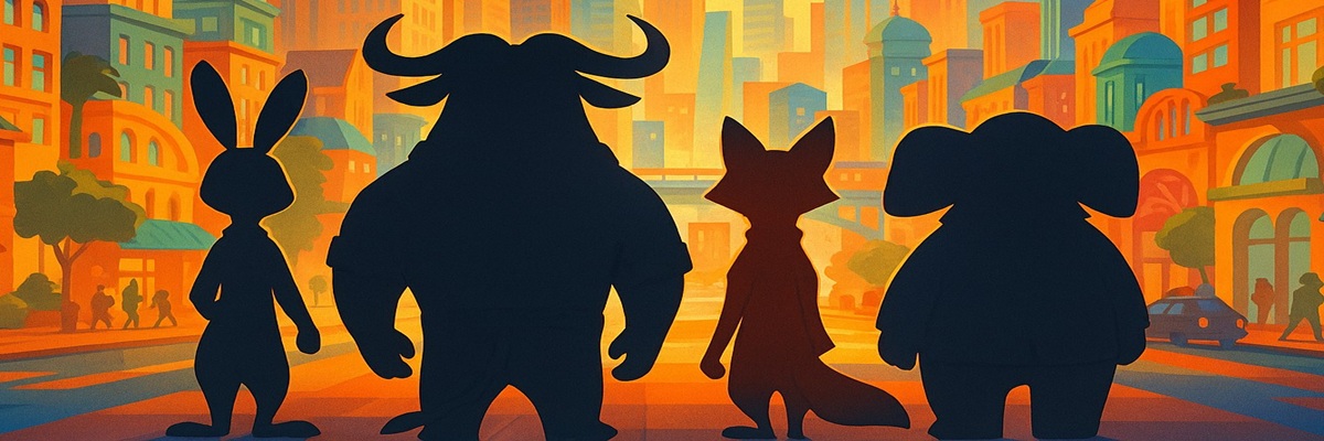 Illustration-style lineup of animal silhouettes in a cityscape inspired by Zootopia, highlighting returning and new characters for the sequel.