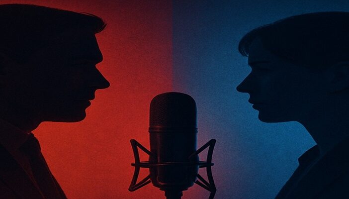 A silhouette of a narrator behind a microphone surrounded by red and blue lighting, symbolizing gender and representation in political voiceovers.