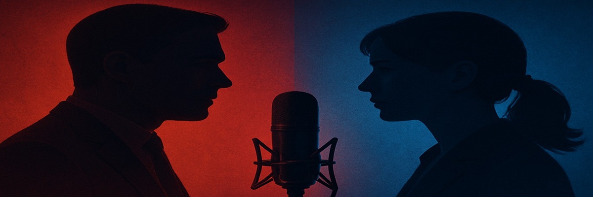 A silhouette of a narrator behind a microphone surrounded by red and blue lighting, symbolizing gender and representation in political voiceovers.