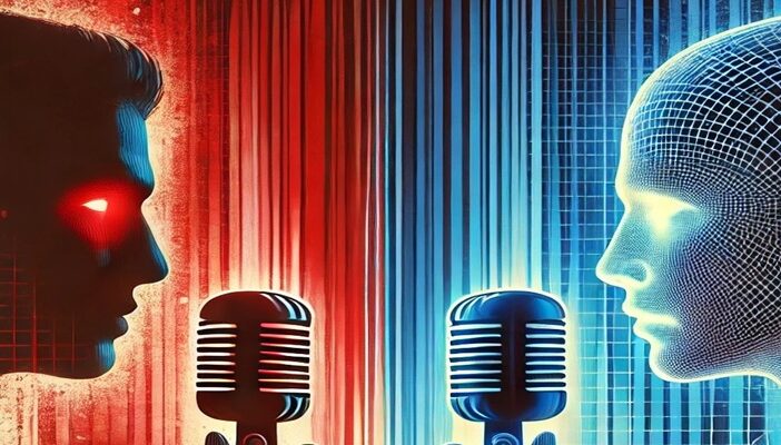 A cinematic illustration of a digital voice waveform merging with a human microphone silhouette, symbolizing AI’s impact on political voiceover.