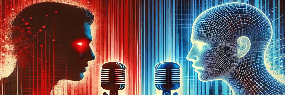 A cinematic illustration of a digital voice waveform merging with a human microphone silhouette, symbolizing AI’s impact on political voiceover.