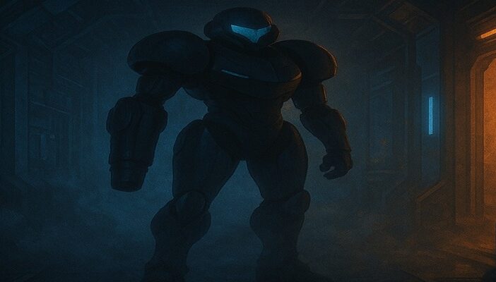 A stylized sci-fi corridor with a lone armored silhouette resembling a bounty hunter, hinting at Samus Aran without replicating copyrighted designs.