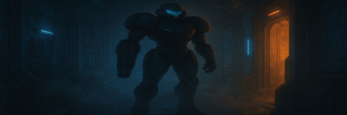 A stylized sci-fi corridor with a lone armored silhouette resembling a bounty hunter, hinting at Samus Aran without replicating copyrighted designs.