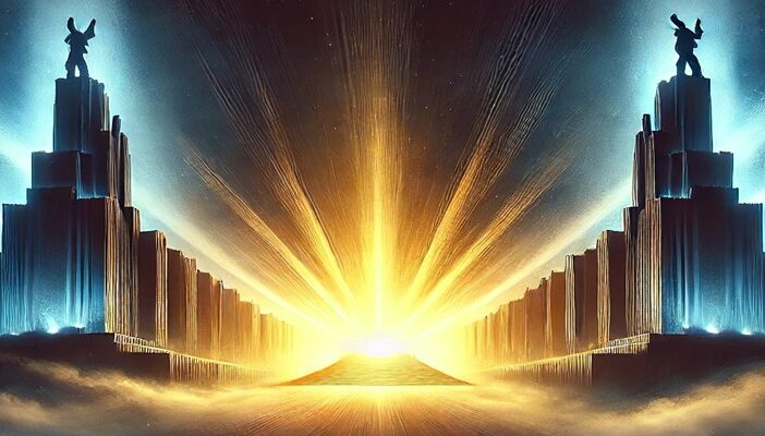 A cinematic illustration showing two studio silhouettes facing a central Warner Bros.–style tower, symbolizing the bidding war between Paramount and Netflix.