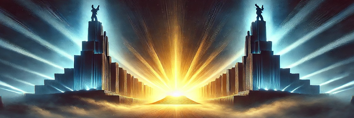 A cinematic illustration showing two studio silhouettes facing a central Warner Bros.–style tower, symbolizing the bidding war between Paramount and Netflix.