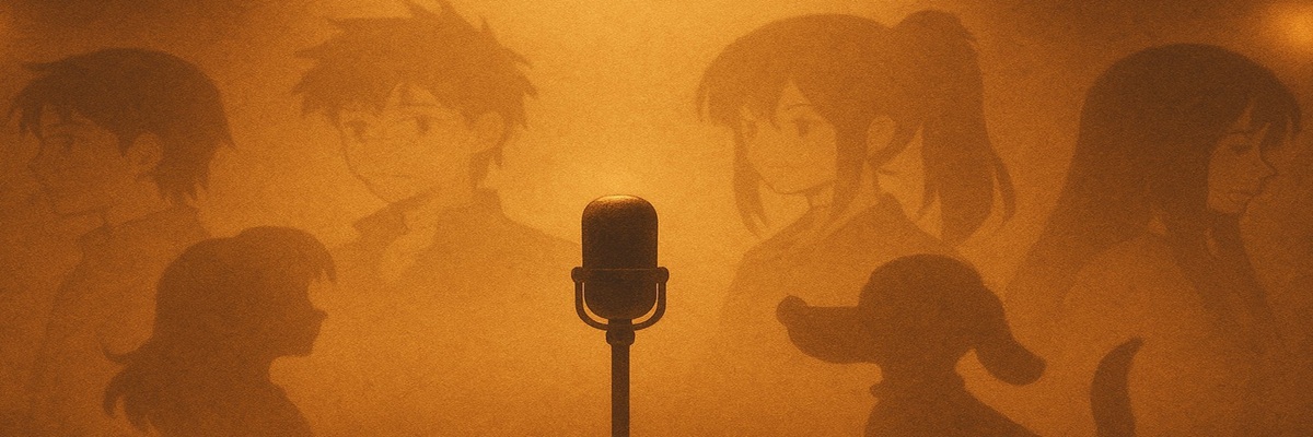 A respectful illustration of a spotlight shining on an empty microphone with soft, warm lighting, symbolizing the passing of voice actor Tomomichi Nishimura.