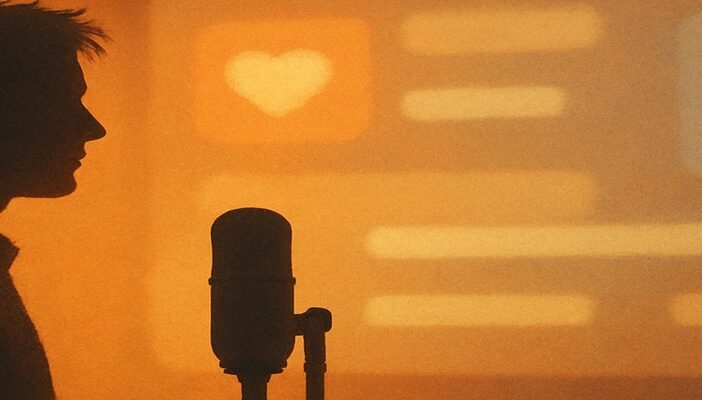 A respectful illustration of a performer stepping away from a glowing social media feed, symbolizing the need for healthy boundaries online.