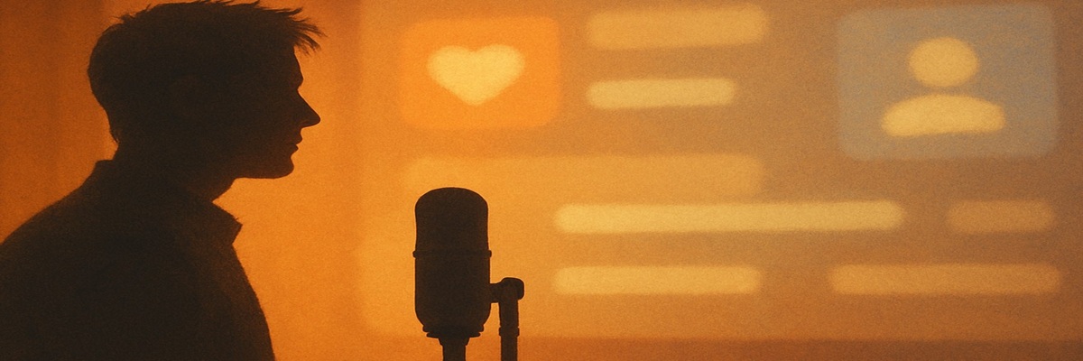 A respectful illustration of a performer stepping away from a glowing social media feed, symbolizing the need for healthy boundaries online.